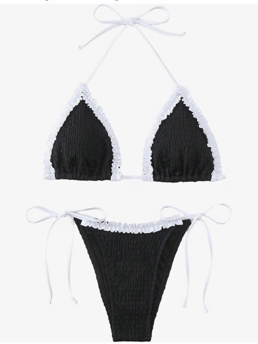 Black Smocked Ruffle Trim Triangle Bikini Set - White Accent